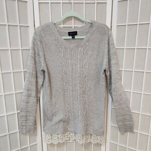 Women's Gray Long Sweater with Cream Lace Trim
